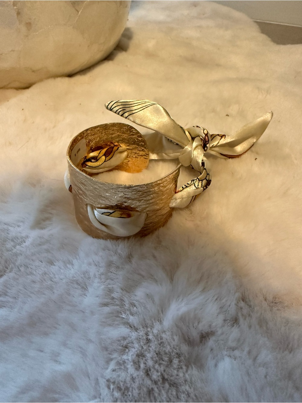 Gold Textured Cuff Bracelet with Ivory Scarf Accent
